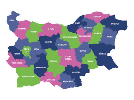 Colorful political map of Bulgaria. Administrative divisions - provinces. Simple flat vector map with labels.のイラスト素材