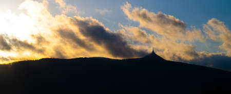 Silhouette of Jested mountain at sunset time, Liberec, Czech Republic.の写真素材