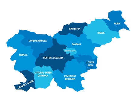 Blue political map of Slovenia. Administrative divisions - statistical regions. Simple flat vector map with labels.のイラスト素材