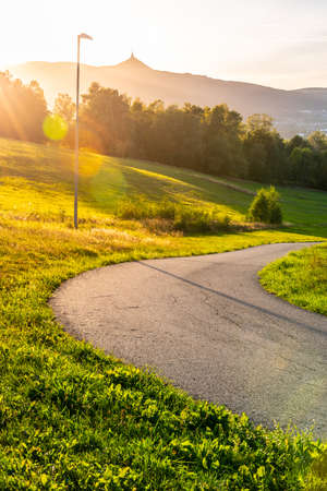 Jested Mountain on sunny summer evening. View from Vesec in Liberec, Czech Republic.の写真素材