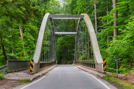 Narrow asphalt row in the forest and modern bridge over sinkhole Nova Rasovna, Moravian Karst, Czech Republicの写真素材