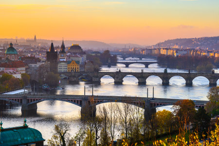 Prague Bridges over Vltava River in sunny autumn morning. View from Letna Gardens, Prague, Czech Republicの写真素材