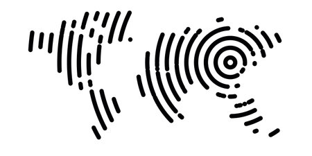 World map modern design. Pattern of black concentric circle stripes with rounded edges. Global communication, broadcasting or epicenter theme. Simple flat vector illustration.のイラスト素材
