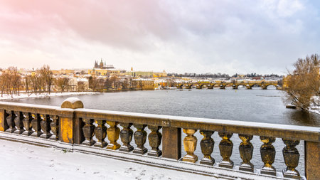 Winter Prague Panoramic Cityscape with Prague Castle, Charles Bridge and Vltava River. Czech Republicの写真素材
