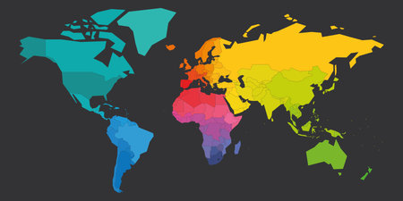 Colorful World Map in colors of rainbow spectrum. Each sovereign country in different color. Simple flat blank vector map.のイラスト素材