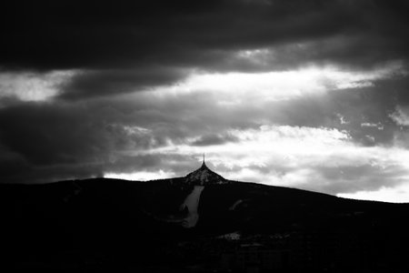 Silhouette of Jested mountain at sunset time, Liberec, Czech Republic. Black and white image.の写真素材