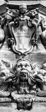 Detailed view of decoration Fontana del Pantheon - fountain located in Piazza della Rotonda, near Pantheon, Rome, Italy. Black and white image.の写真素材