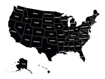 Map of United States of America, USA, with state name labels. Solid black vector map.のイラスト素材