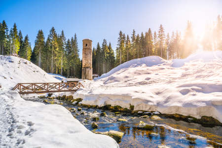Broken Dam, Czech: Protrzena prehrada, on Bila Desna River in Jizera Mountains, Czech Republic. Dam failure caused catastrophe in 1916.の写真素材