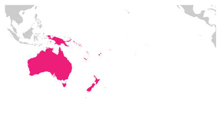 Australia continent pink marked in grey silhouette of World map. Simple flat vector illustrationのイラスト素材