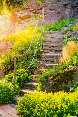 Narrow stone staircase in the green summer garden