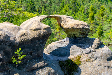 Unique sandstone arch in pine forest on dry sunny summer day. Bohemian Paradise, Czech Republicの写真素材