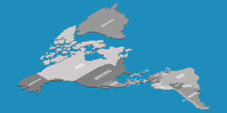 Isometric political map of Americas. Grey land with country name labels on blue sea and ocean background. 3D vector illustrationのイラスト素材