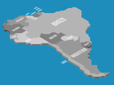 Isometric political map of South America. Grey land with country name labels on blue sea and ocean background. 3D vector illustrationのイラスト素材