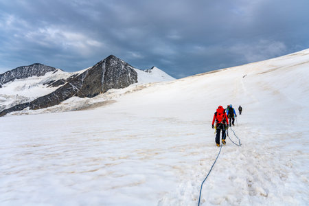 Group of mountaineers on a rope. Summer glacier trekking on Grossvenediger Mountain, Hohe Tauern...