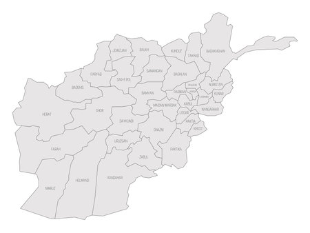Solid grey political map of Afghanistan. Administrative divisions - provinces. Simple flat vector map with labels.の写真素材