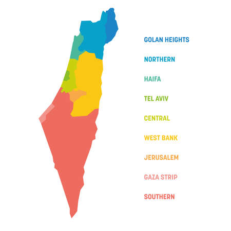 Colorful political map of Israel. Administrative divisions - districts and three special territories - Gaza Strip, West Bank and Golan Heights. Simple flat vector map with labels.のイラスト素材
