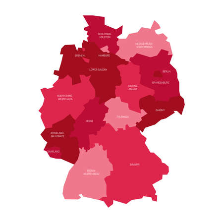 Pink political map of Germany. Administrative divisions - federal states and 3 city-states - Berlin, Bremen and Hamburg. Simple flat vector map with labelsのイラスト素材
