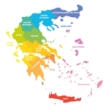 Colorful political map of Greece. Administrative divisions - decentralized administrations. Simple flat vector map with labels.のイラスト素材