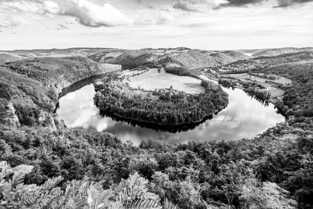 Vltava River Horseshoe bend near Solenice, Czech: Solenicka podkova, Czech Republic. Black and white image.の写真素材