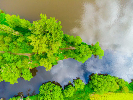 River Labe and Jizera confluence near Karany, Czech Republic. Aerial view from drone.