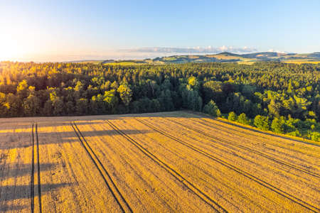 Rural agricultural landscape in summer evening. Aerial view from drone.の写真素材