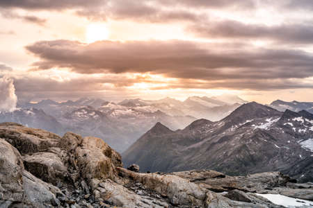 Rocky alpine mountains morning panoramaの写真素材