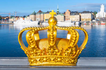 Golden Crown of Skeppsholmen Bridge in Stockholmの写真素材