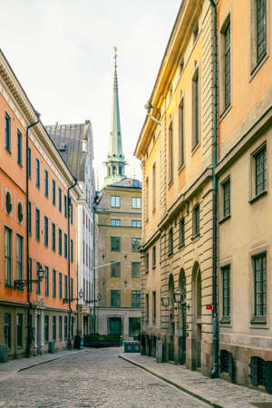 Old cobbled street of Stockholmの写真素材