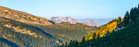 Dolomites panoramic view at morning sunrise timeの写真素材