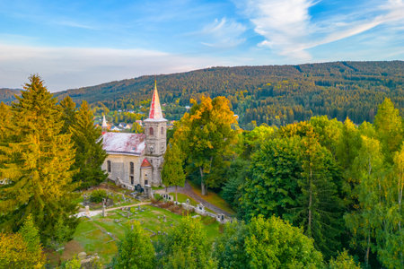 Rural catholic church from aboveの写真素材