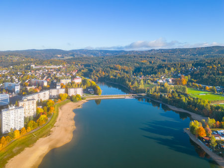 Mseno water reservoir in Jablonec nad Nisou from aboveの写真素材