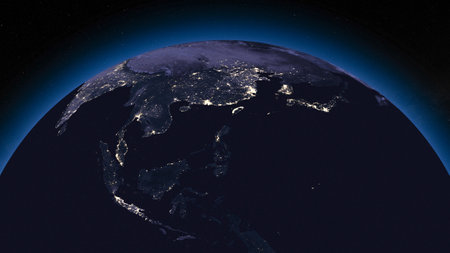 Earth globe by night focused on East Asiaの写真素材