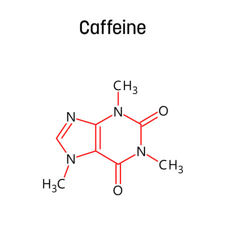 Caffeine molecular structure. Caffeine is central nervous system stimulant used as cognitive enhancer, increasing alertness and attentional performance. Vector structural formula of chemical compound with red bonds and black atom labels.