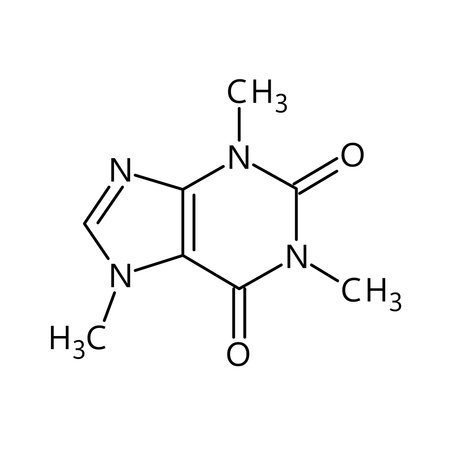 Caffeine molecular structure. Caffeine is central nervous system stimulant used as cognitive enhancer, increasing alertness and attentional performance. Vector structural formula of chemical compound.