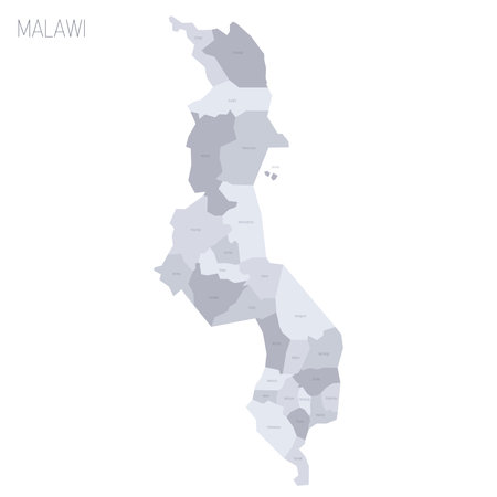 Malawi political map of administrative divisions - districts. Grey vector map with labels.のイラスト素材