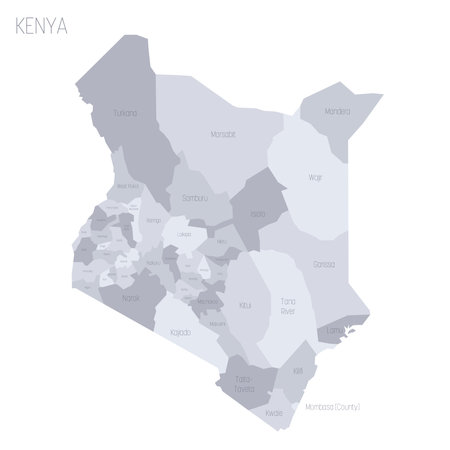 Kenya political map of administrative divisions - counties. Grey vector map with labels.のイラスト素材