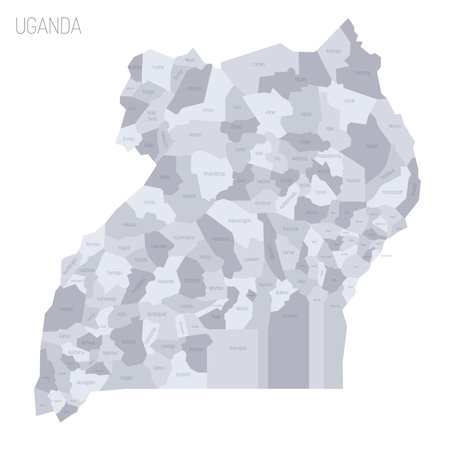 Uganda political map of administrative divisions - districts. Grey vector map with labels.のイラスト素材