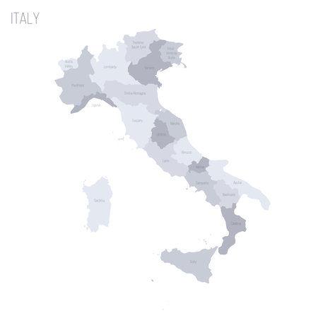 Italy political map of administrative divisions - regions. Grey vector map with labels.のイラスト素材