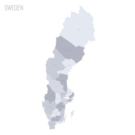 Sweden political map of administrative divisions - counties. Grey vector map with labels.のイラスト素材