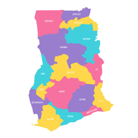 Ghana political map of administrative divisions - regions. Colorful vector map with labels.のイラスト素材