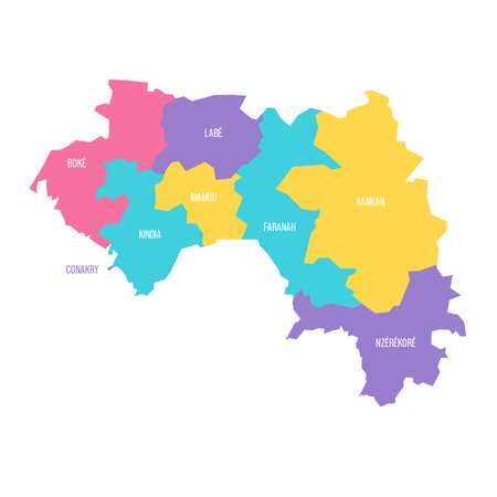 Guinea political map of administrative divisions - regions. Colorful vector map with labels.のイラスト素材