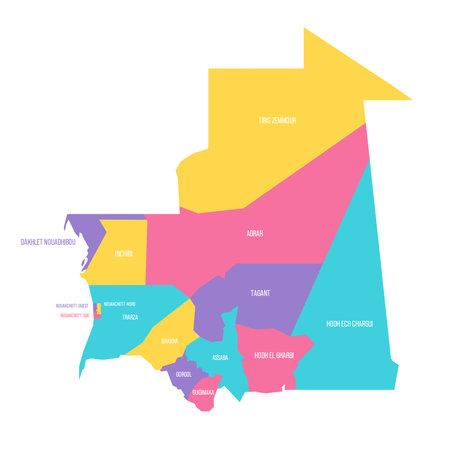 Mauritania political map of administrative divisions - regions and Nouakchott departments. Colorful vector map with labels.のイラスト素材