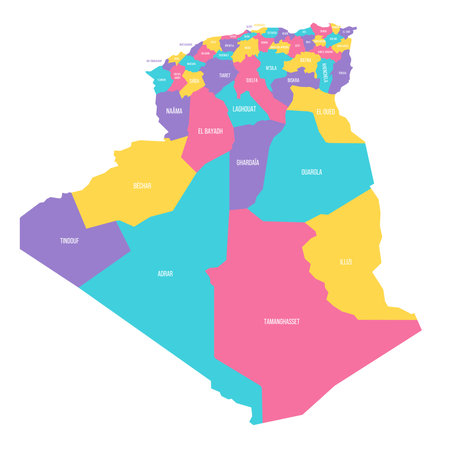Algeria political map of administrative divisions - provinces. Colorful vector map with labels.のイラスト素材