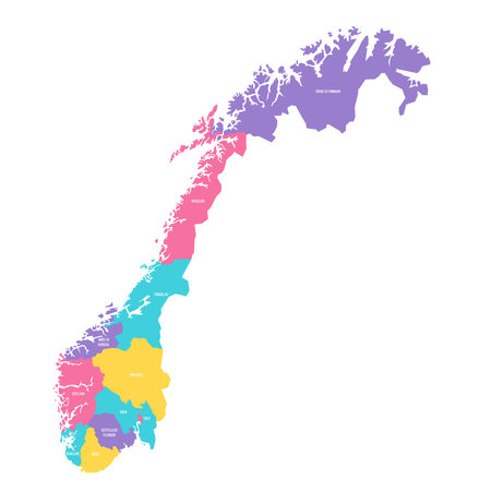 Norway political map of administrative divisions - counties and autonomous city of Oslo. Colorful vector map with labels.のイラスト素材