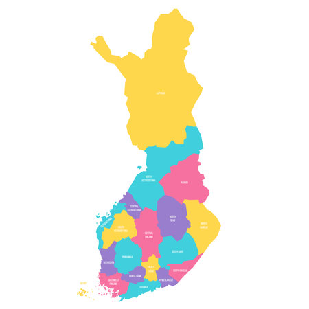 Finland political map of administrative divisions - regions and one autonomous region of Aland. Colorful vector map with labels.のイラスト素材
