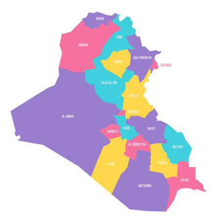 Iraq political map of administrative divisions - governorates and Kurdistan Region. Colorful vector map with labels.のイラスト素材