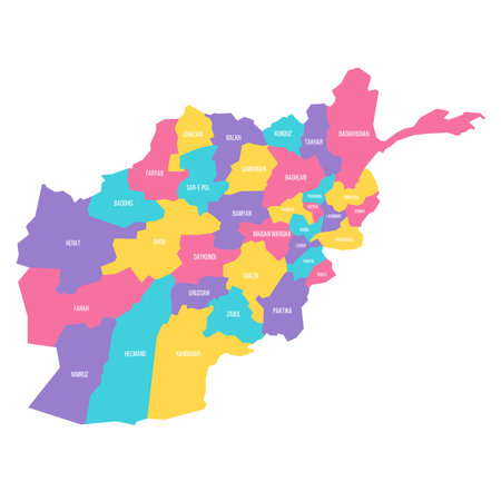 Afghanistan political map of administrative divisions - provinces. Colorful vector map with labels.のイラスト素材