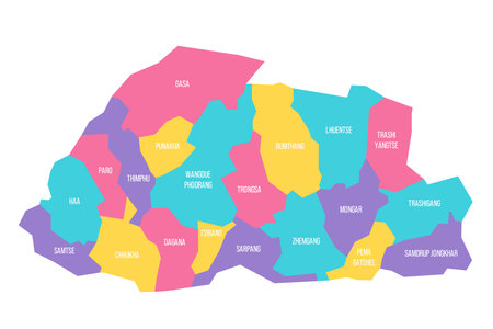 Bhutan political map of administrative divisions - districts. Colorful vector map with labels.のイラスト素材