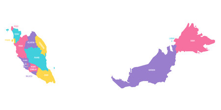 Malaysia political map of administrative divisions - states and federal territories. Colorful vector map with labels.のイラスト素材
